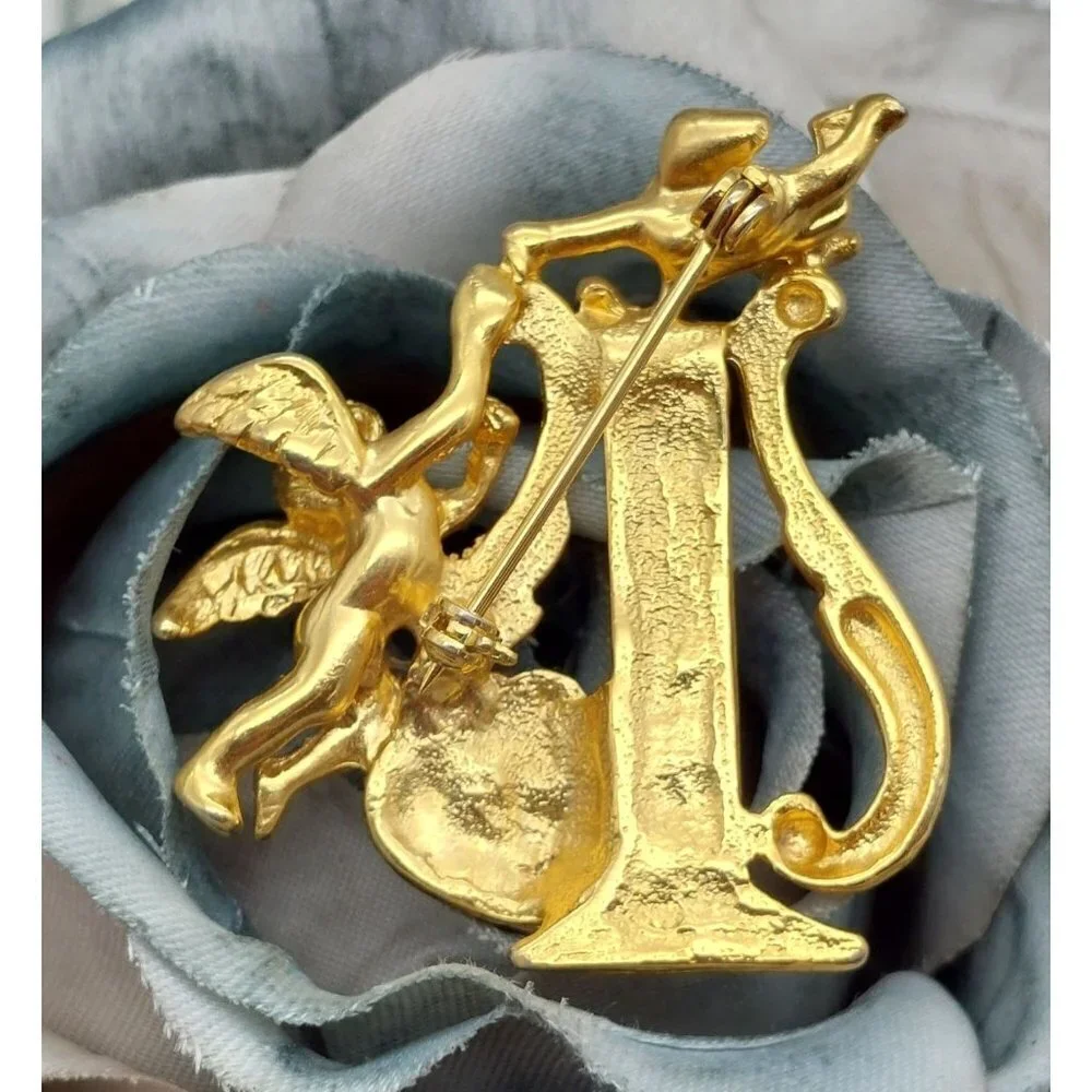 Vintage Gold Tone Harp Brooch Pin Cupid Angels Rhinestone Heart 1.75
